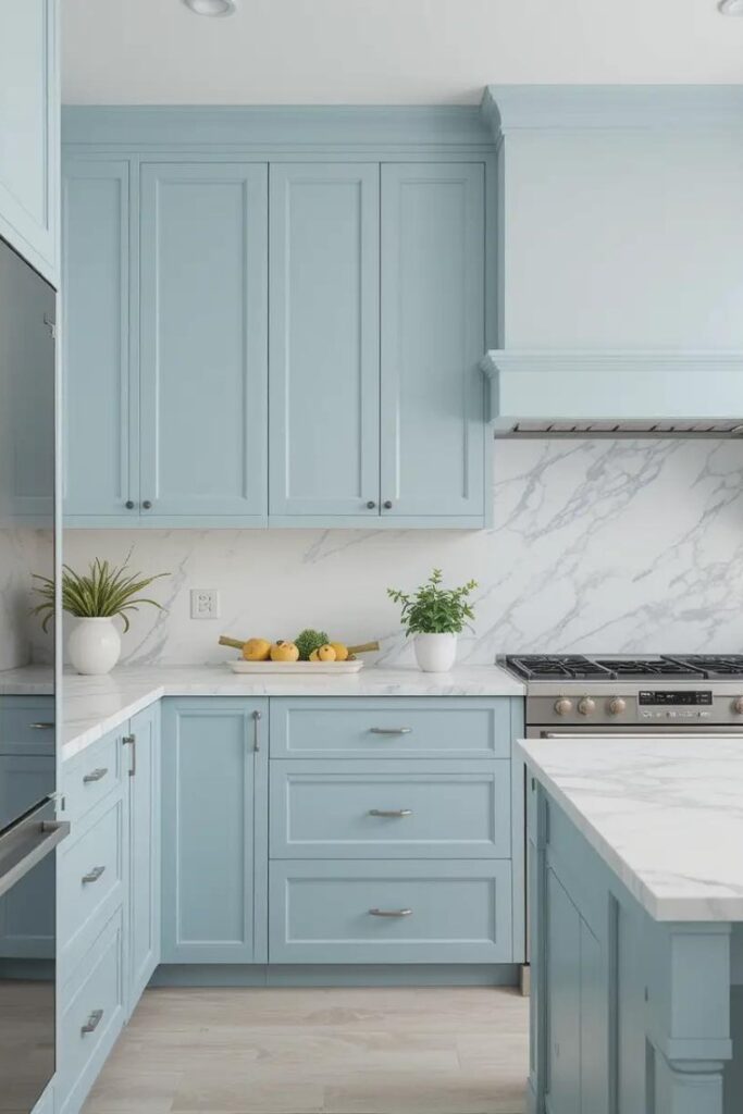 Light blue cabinets paired with white marble countertops for a clean and airy design.