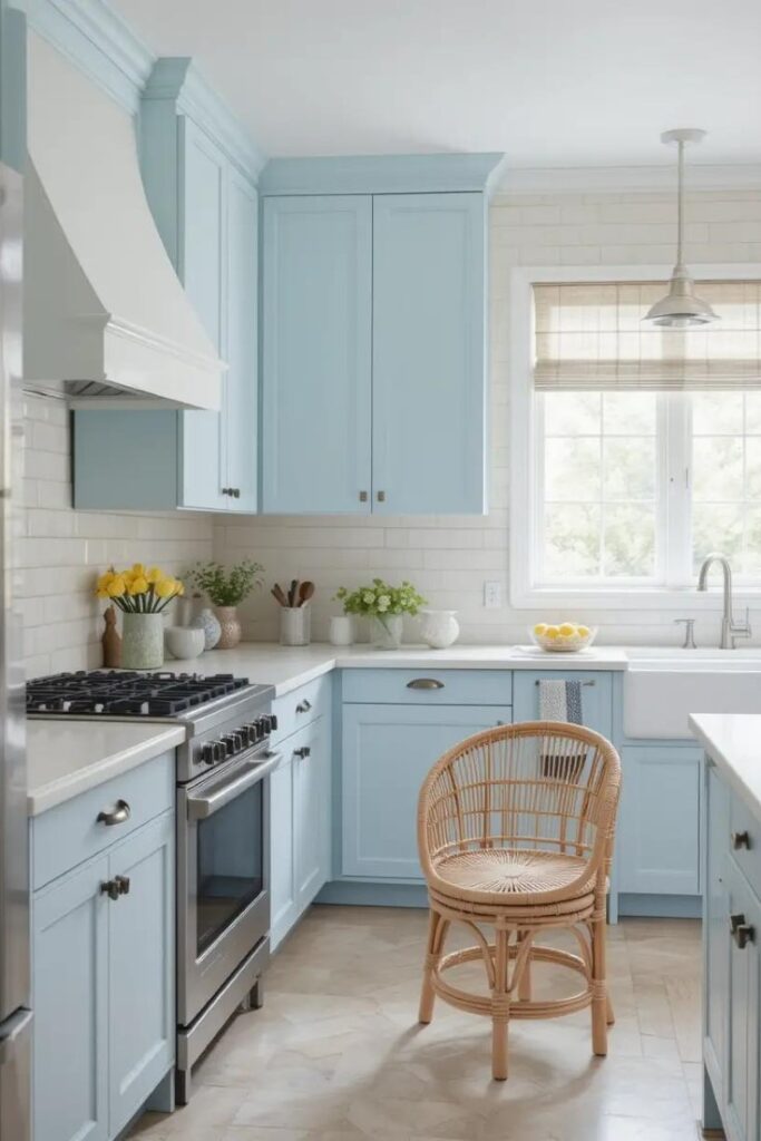 A coastal kitchen with soft blue tones and light woven accents for a relaxed, minimalist feel.