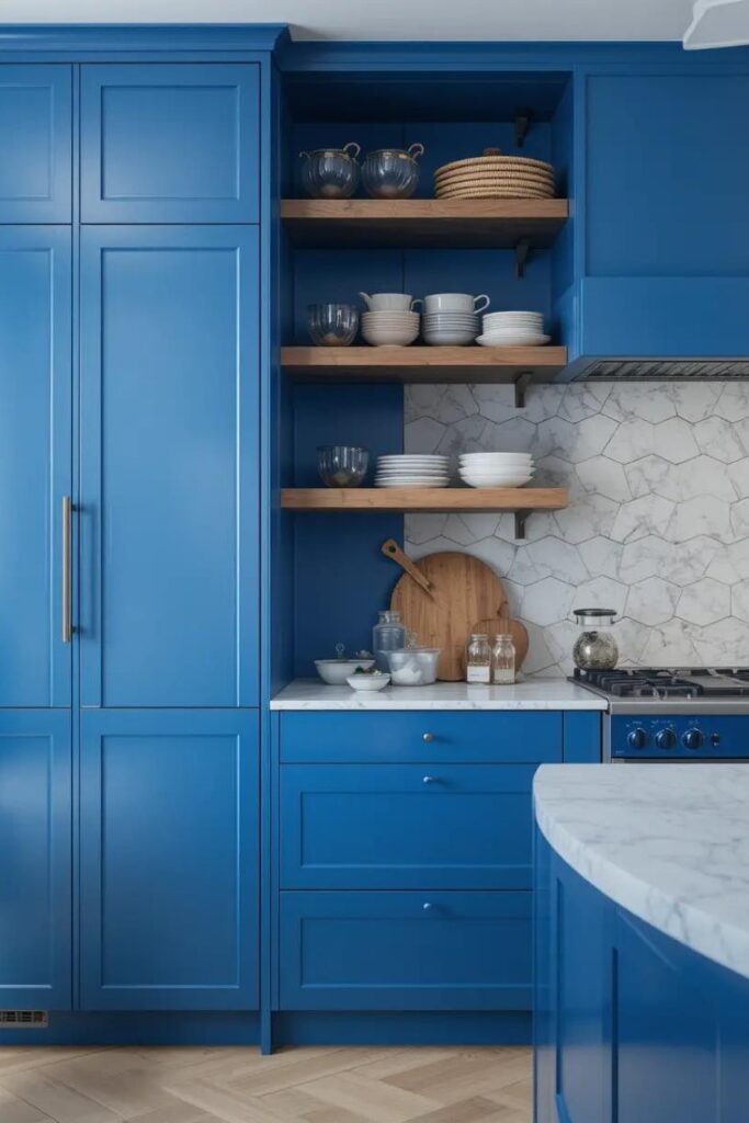 Royal blue cabinets with open shelving for a bold yet uncluttered kitchen design.