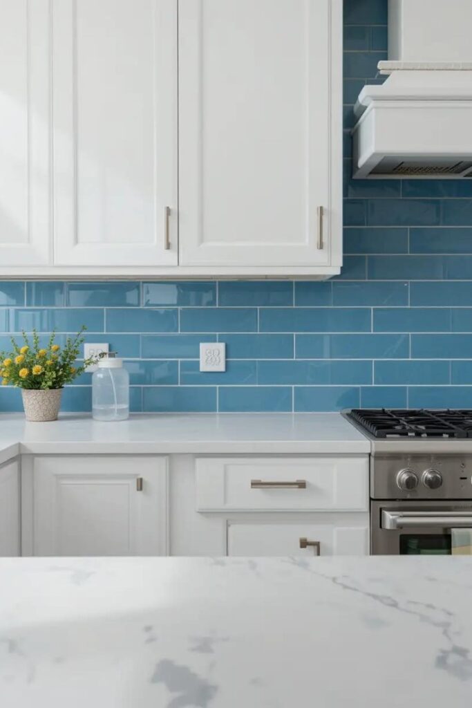 A blue subway tile backsplash adding a modern, minimalist touch to the kitchen.
