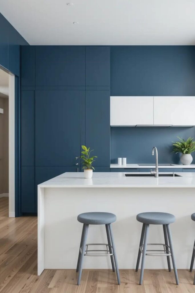 Dark blue kitchen walls with white and gray accents for a bold yet simple design.