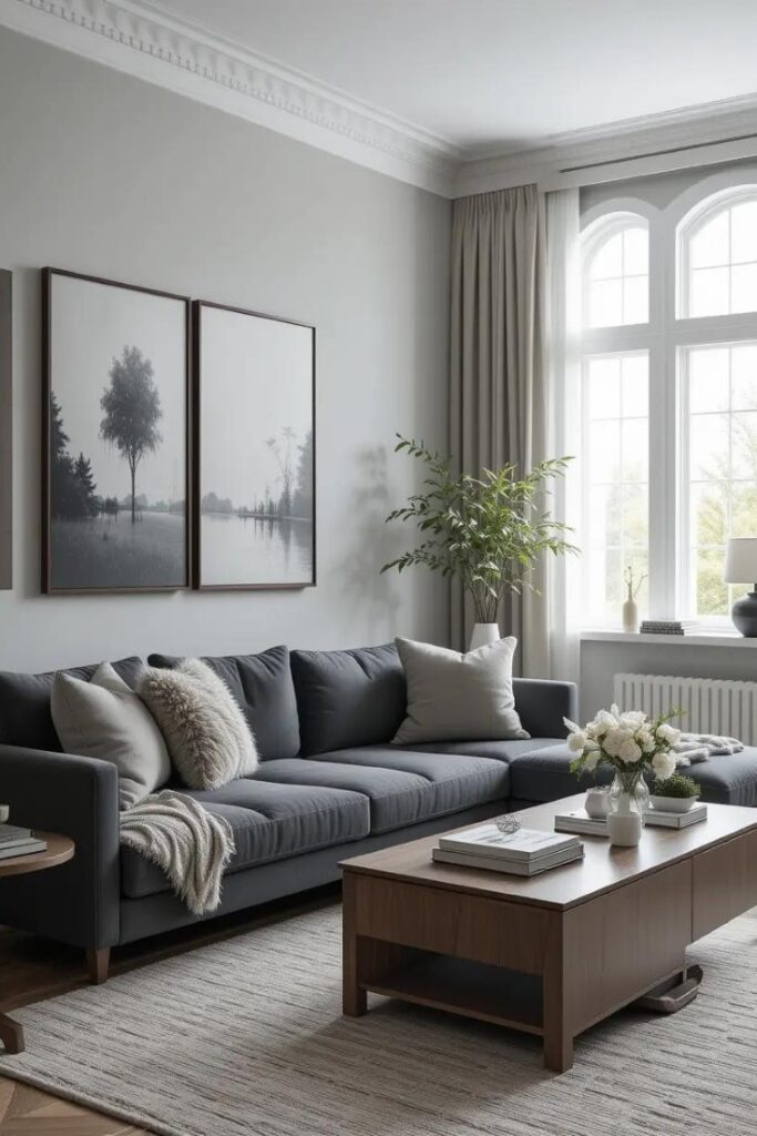 A modern living room with layered gray tones, combining light and dark shades for depth.