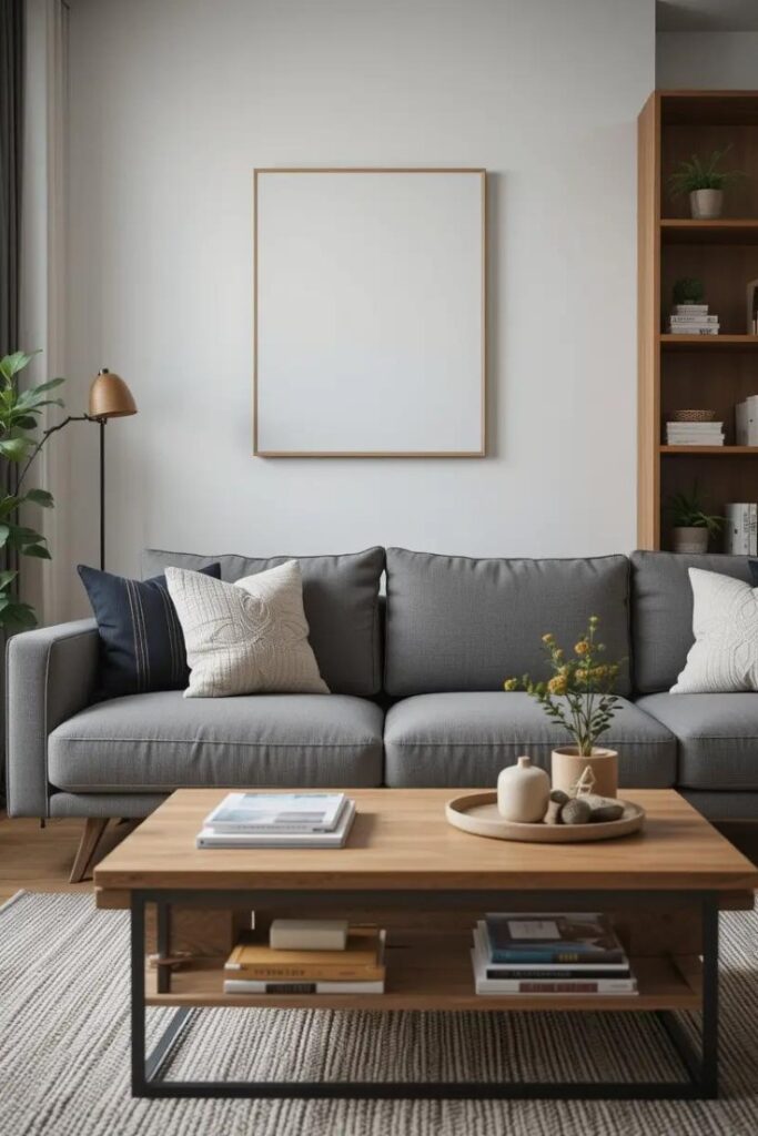 A stylish living room with a gray sofa and natural wood elements for a modern yet cozy feel.