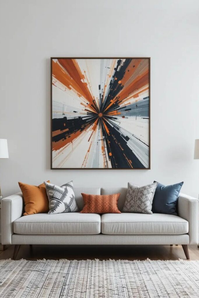 A light gray sofa with striking artwork, creating a stylish and modern focal point.