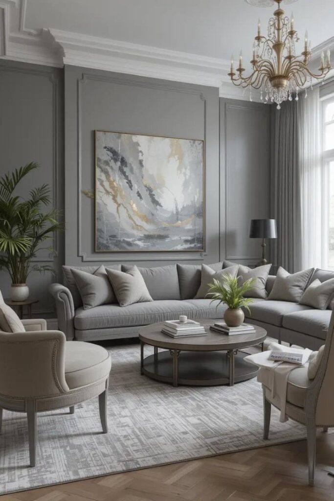 A chic living room with gray tones and metallic accents for an elegant finish.