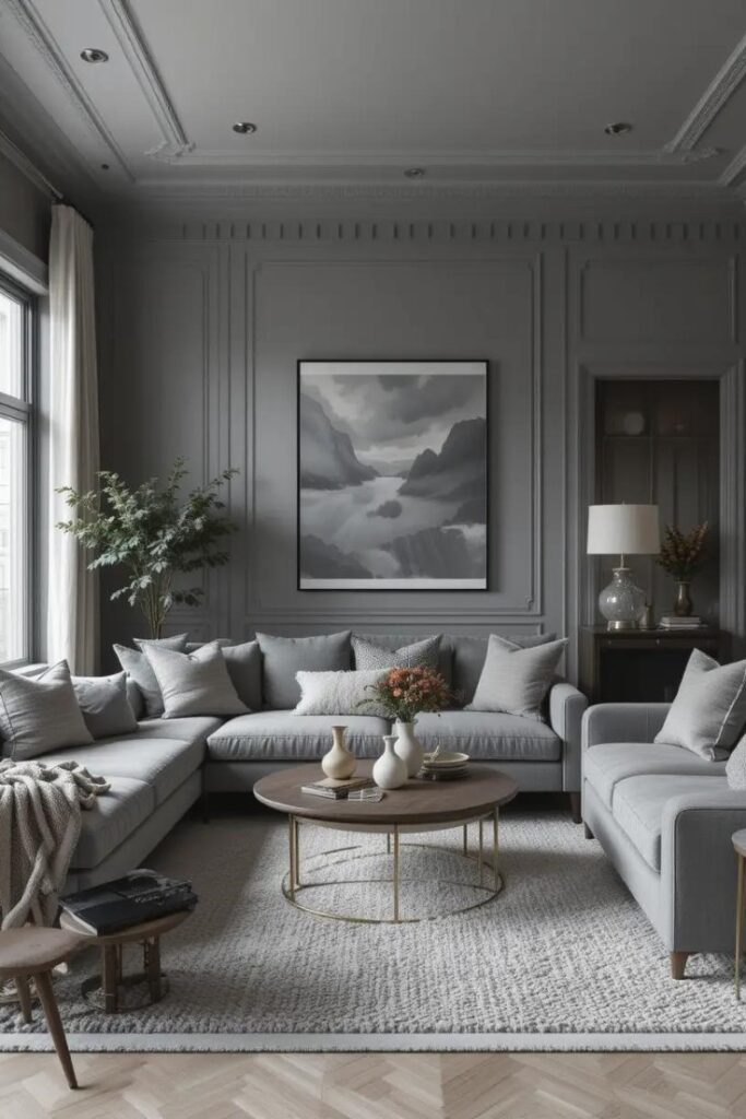 A monochromatic gray living room featuring layered textures for a cozy yet refined look.