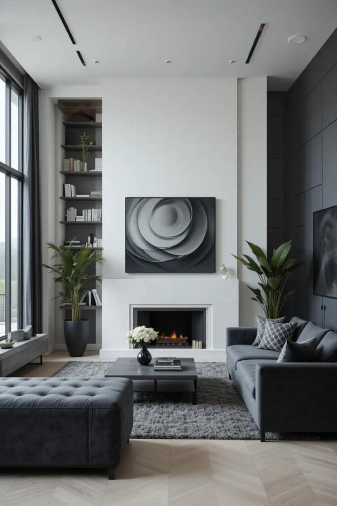 A modern living room with dark gray furniture and light walls, creating a striking contrast.