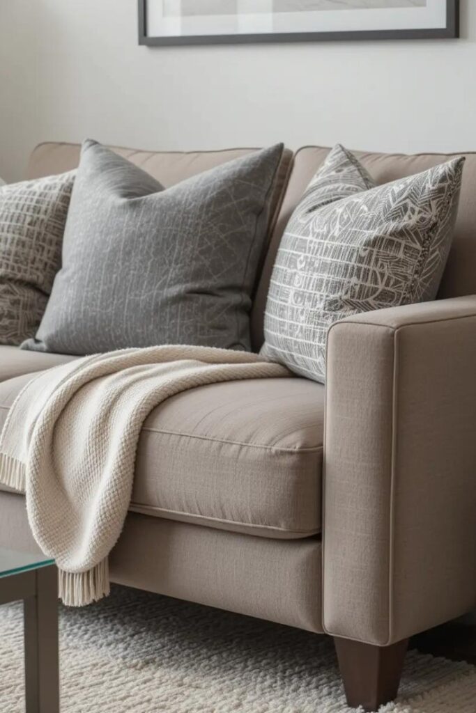 A warm and inviting living room with a taupe sofa and gray accents.
