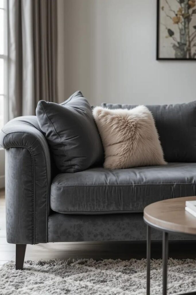 A luxurious living room with a gray velvet sofa