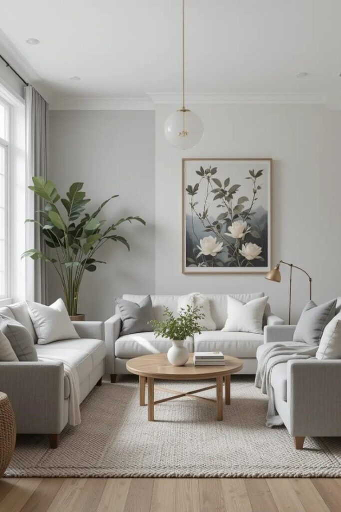 A neutral-toned living room with gray and white decor, softened by natural wood and greenery.