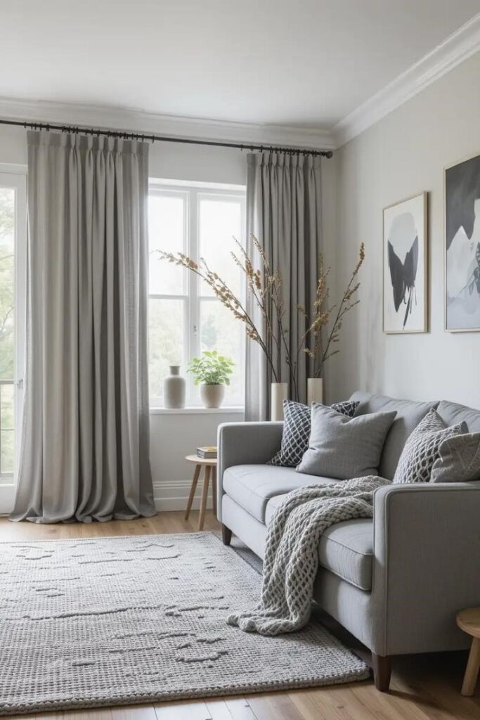 A soft and cozy living room with layered gray textures for added warmth.