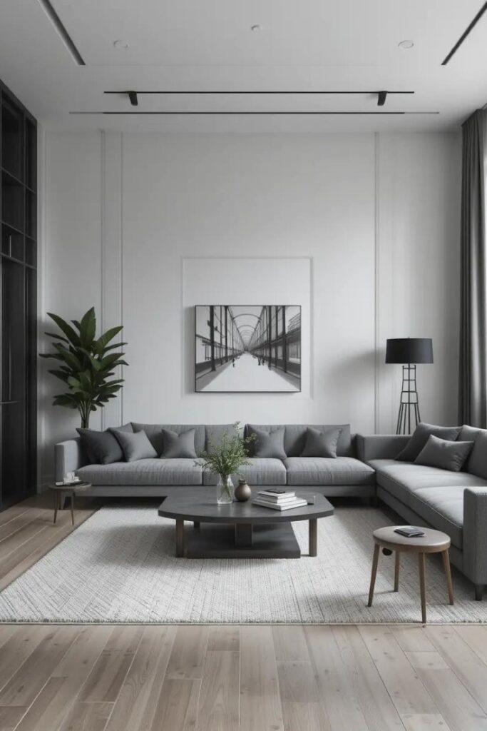 A modern, minimalist gray living room with sleek furniture and a clean aesthetic.