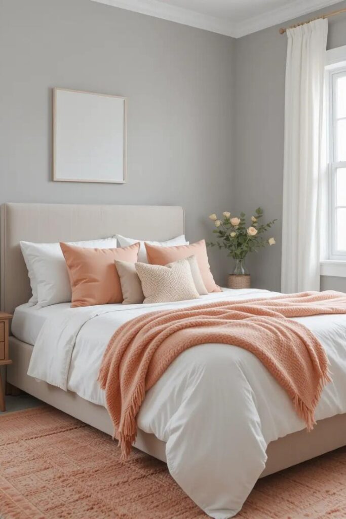 A bedroom with soft gray walls and peach accents, including pillows, blankets, and a rug for warmth.