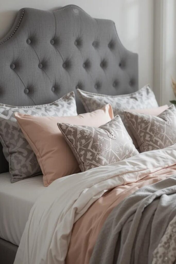 A bedroom featuring a gray headboard with peach bedding for a chic, cozy contrast.