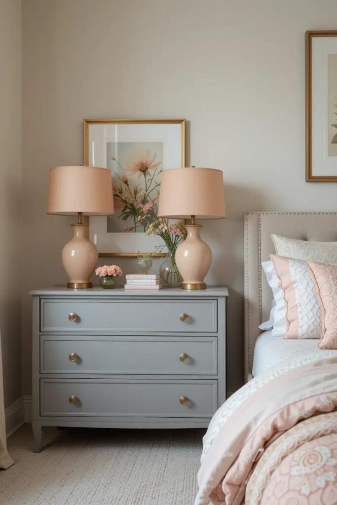 A bedroom with gray furniture and peach decor for a stylish contrast.