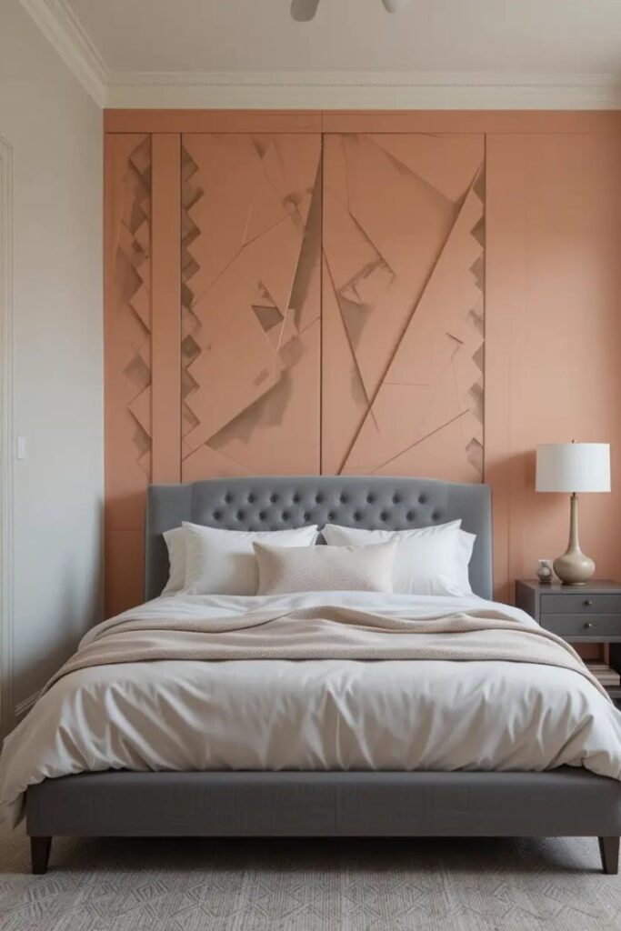 A peach and gray accent wall adding a focal point to a modern bedroom.
