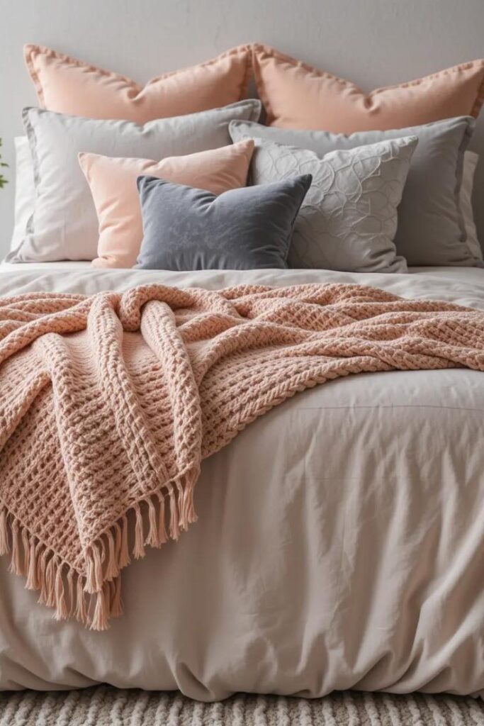 Cozy textiles in peach and gray, including throw blankets, cushions, and a rug for added warmth.