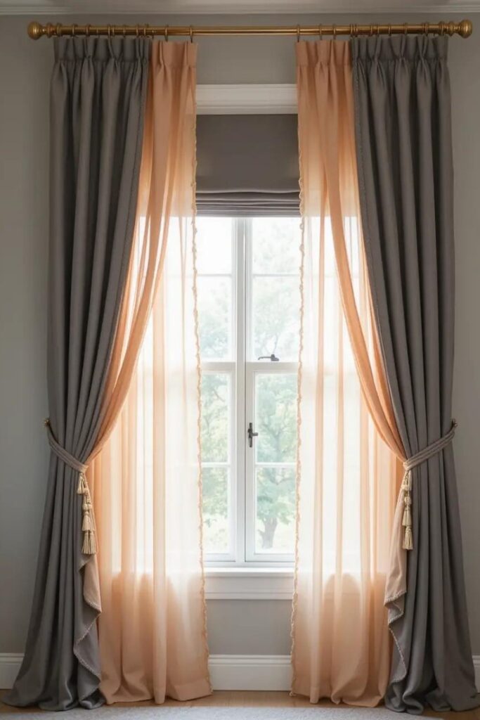 Peach sheer curtains paired with gray drapes for a stylish and balanced window treatment.