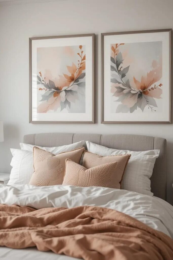 A gallery wall with peach and gray artwork adding personality to the bedroom.