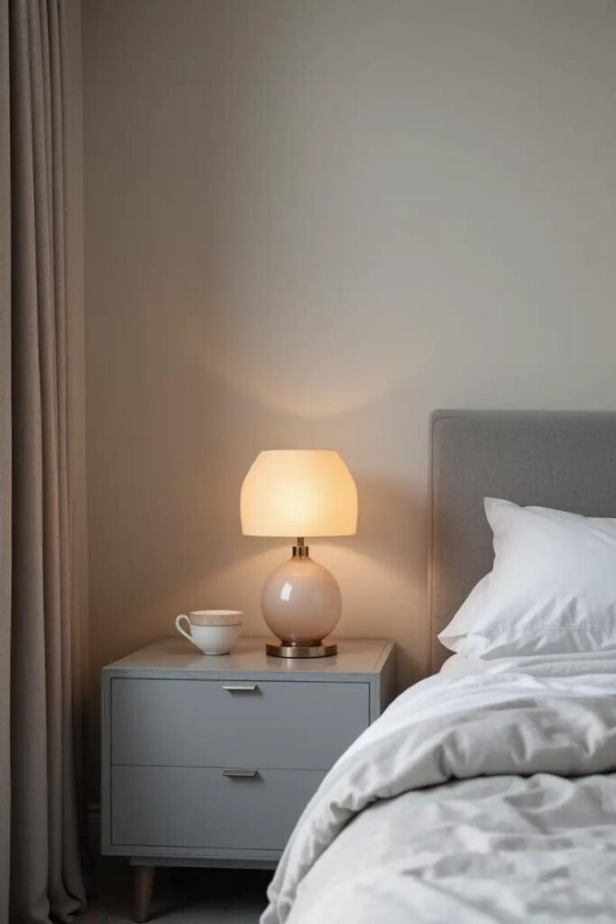A peach table lamp on a gray nightstand adding warmth to the bedroom.
