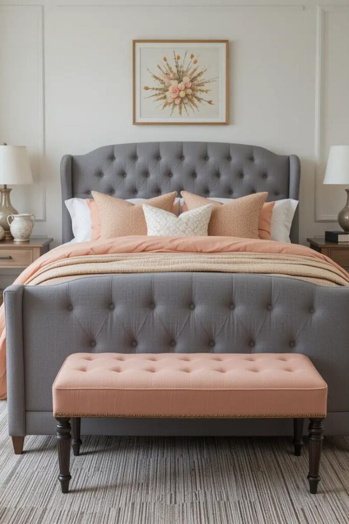 A gray bed frame with peach bedding and accessories for a cozy, balanced look.