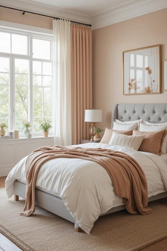 A bedroom combining neutrals with peach and gray for a soft, airy feel.
