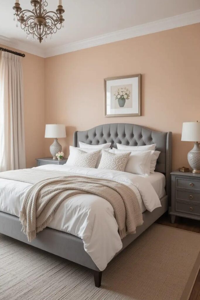 A bedroom with soft peach walls and gray accents for a warm and inviting feel.