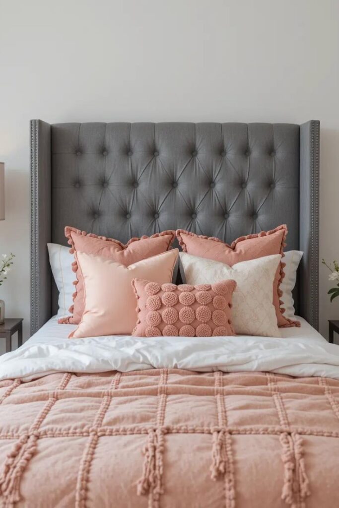 A gray upholstered headboard with peach bedding for a cozy and stylish contrast.