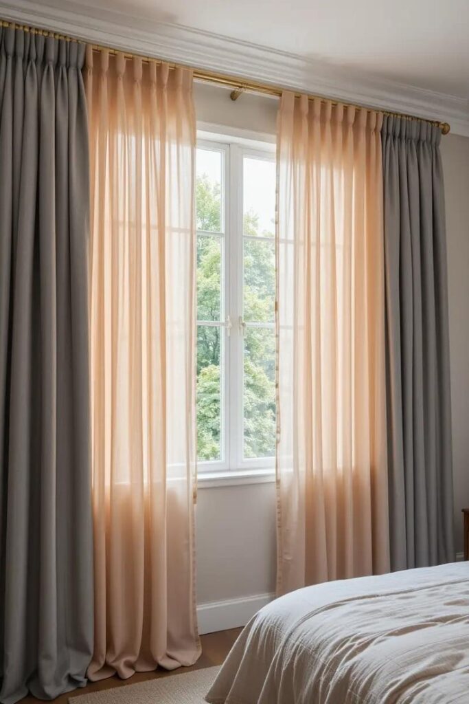 Peach and gray curtains adding a balanced and elegant touch to the bedroom.