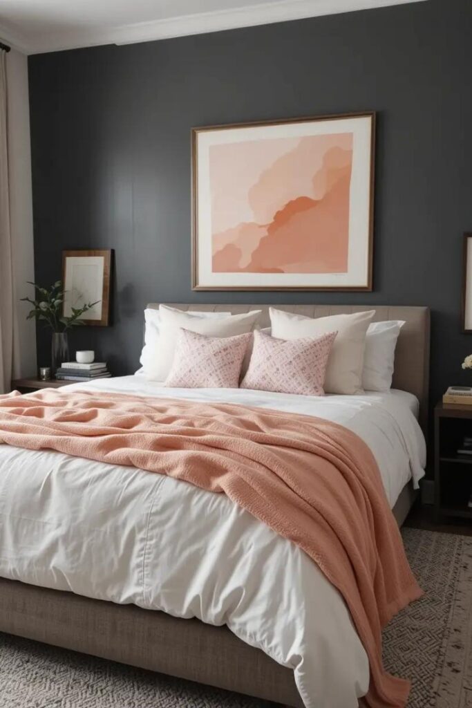 A gray accent wall with peach decor for a subtle yet stylish contrast.