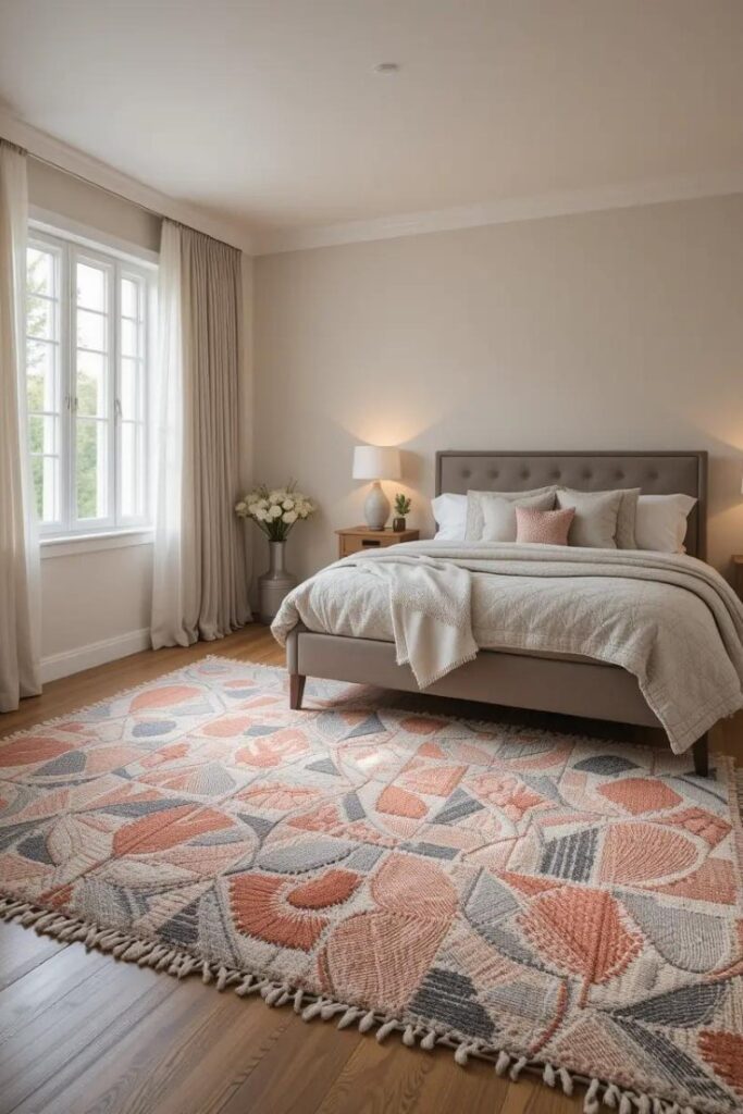 A peach and gray patterned rug adding warmth and texture to the bedroom.