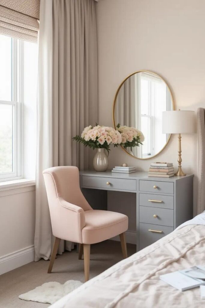 A blush peach chair with a gray vanity for a stylish and functional bedroom nook.