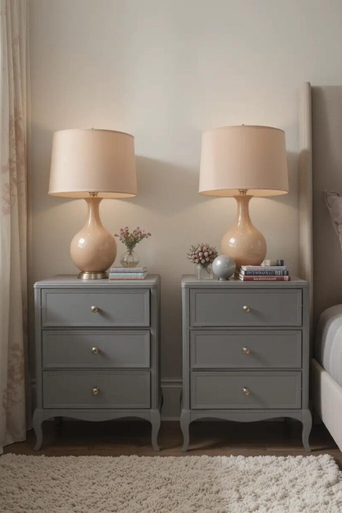 Gray nightstands with peach lamps for a balanced and inviting bedside setup.