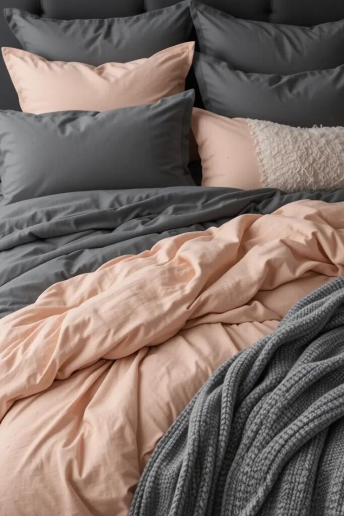 Layered bedding with peach and gray tones creating a cozy and inviting bedroom.