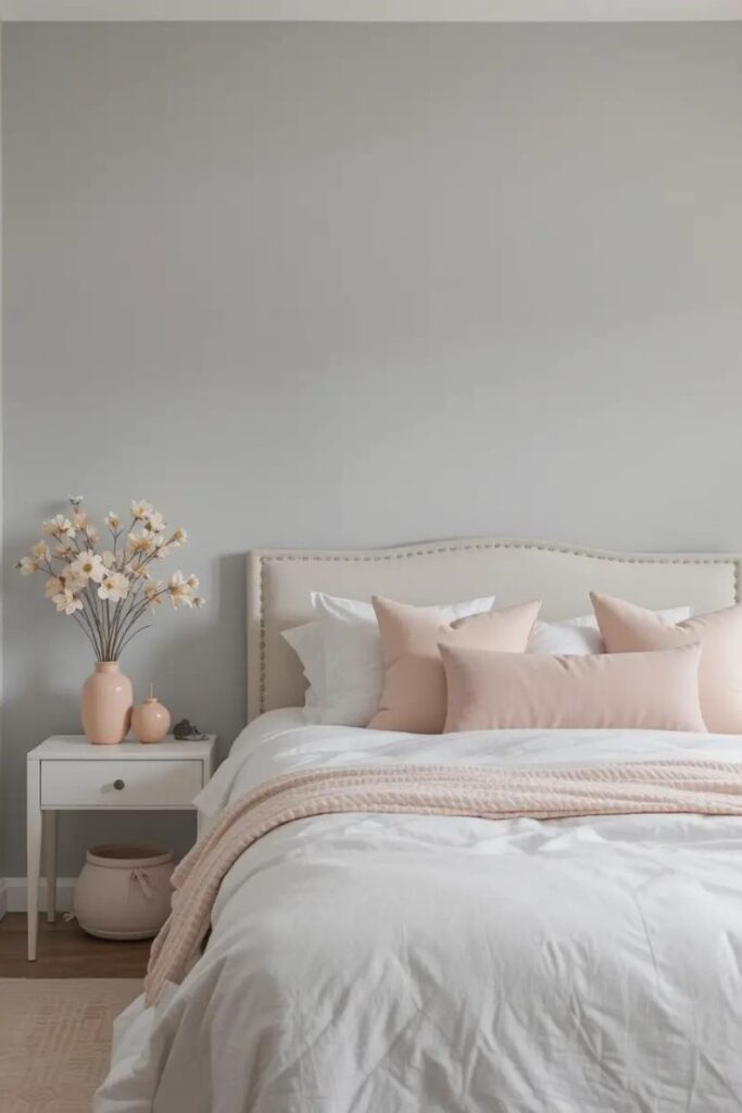 A minimalist gray bedroom with soft peach accents for a modern and airy feel.
