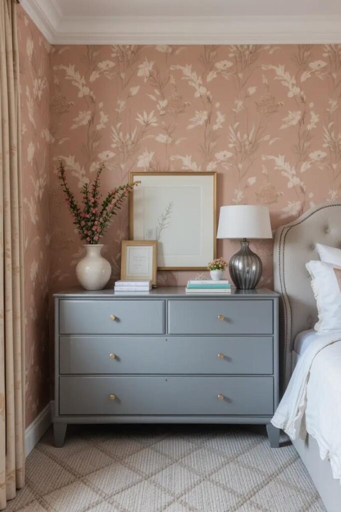 A peach floral wallpaper accent wall with gray furniture for a romantic and balanced look.