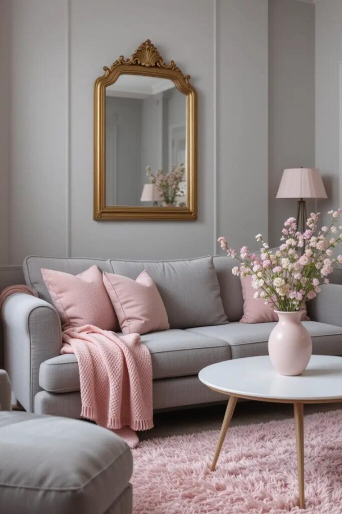 A living room with soft gray walls, pink throw pillows, and a pink vase on a white coffee table.