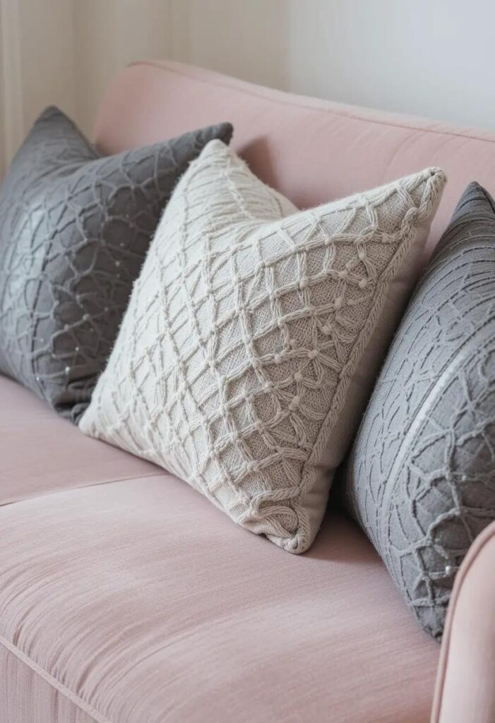 A soft pink sofa adorned with gray textured pillows, featuring different fabric textures like knit and velvet.