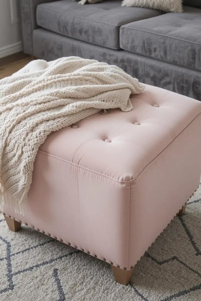 A blush pink ottoman on a gray area rug, adding a stylish contrast.