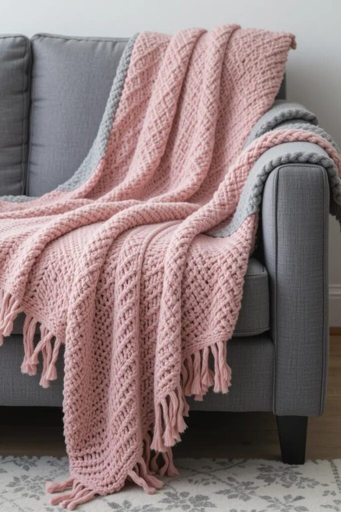 A cozy gray sofa with pink and gray throw blankets, adding warmth and texture.