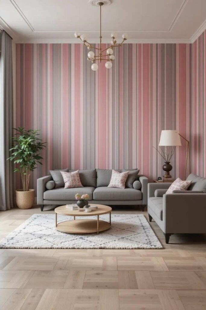 A living room with striped pink and gray wallpaper, creating a subtle yet stylish look.