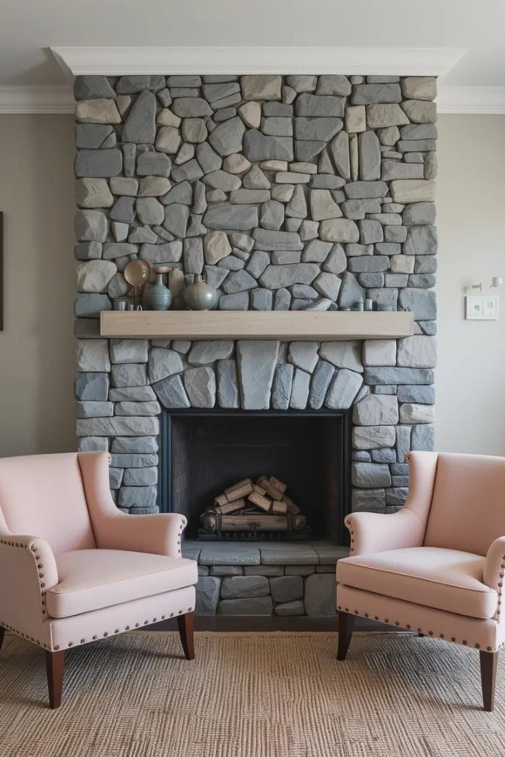 A warm living space with a gray stone fireplace and cozy pink armchairs.