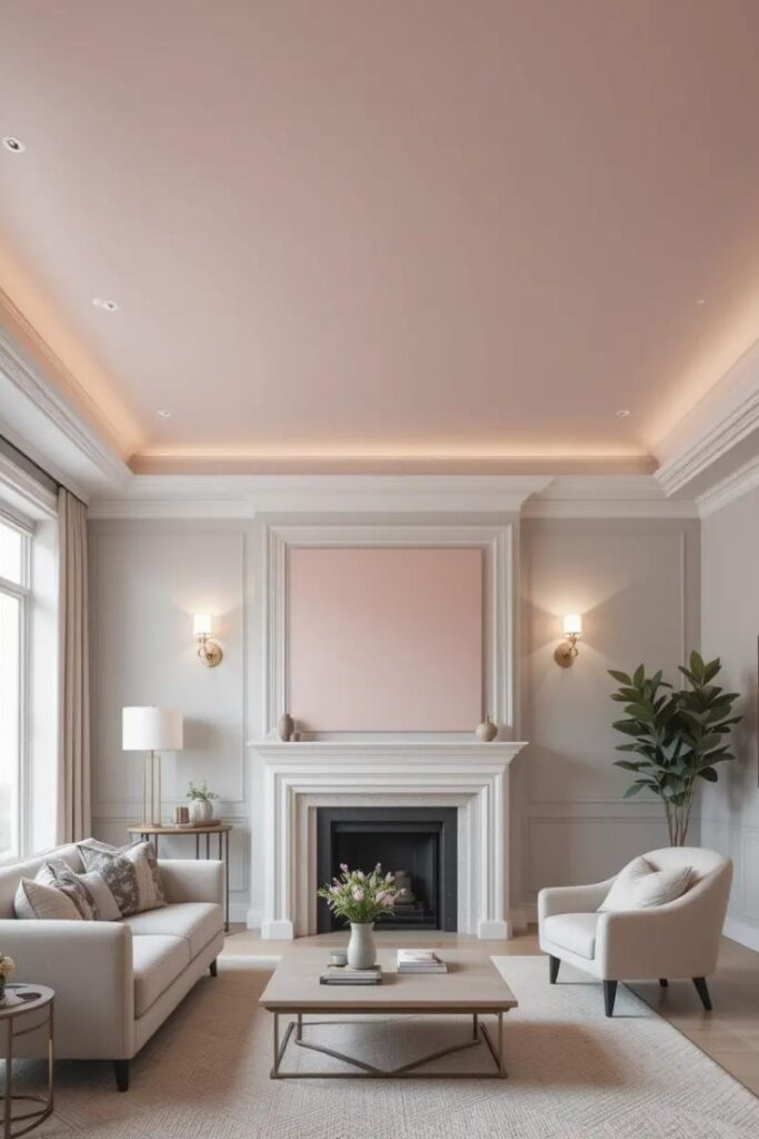 A cozy space with a blush pink ceiling and light gray walls, adding warmth and style.