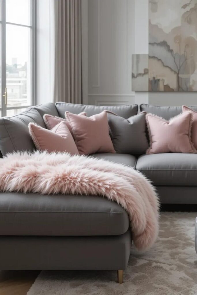 A modern living room with a large gray sectional sofa, draped with a blush pink faux fur throw. Several pink and gray cushions add texture. A marble-top coffee table