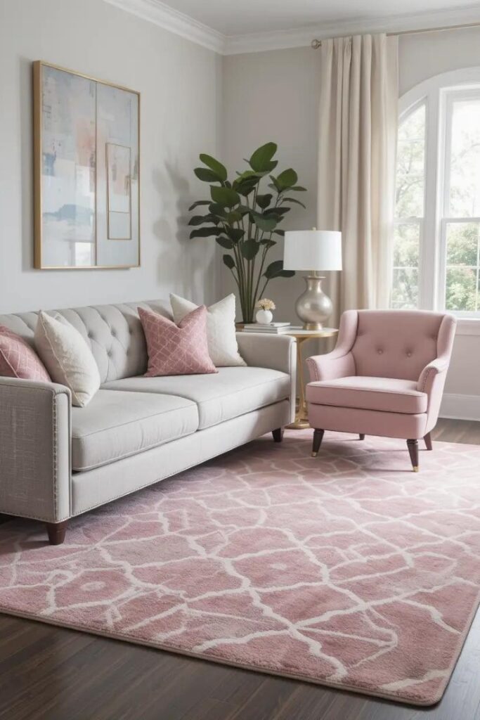 A pink and gray patterned rug anchoring a stylish living room with soft neutral decor.