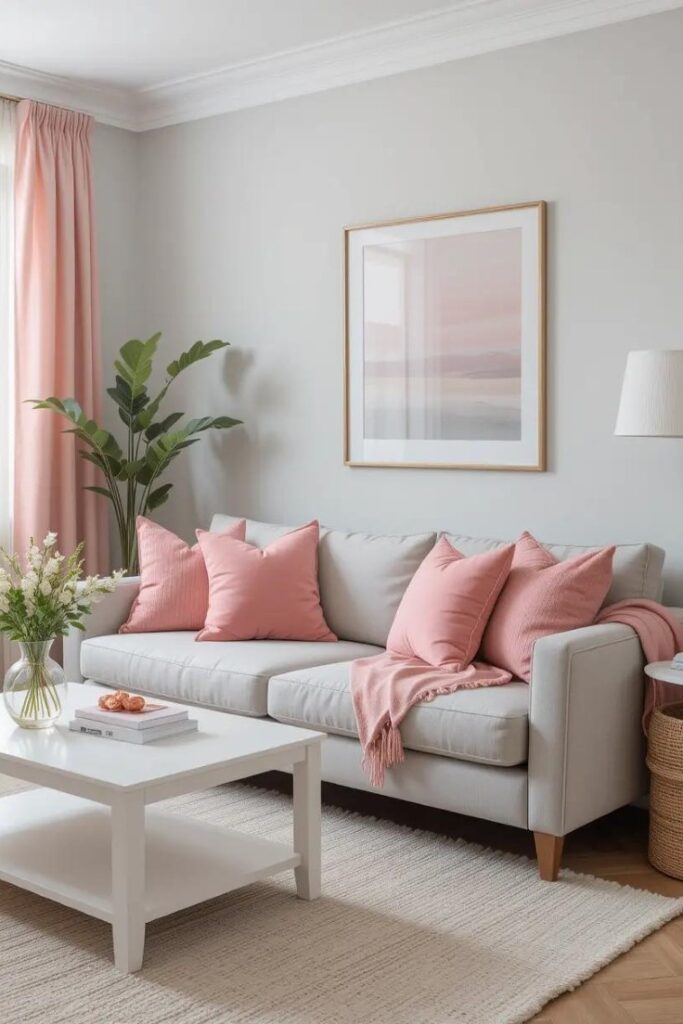 A living room with light gray walls, pink throw pillows, and a white coffee table, creating a cozy and balanced look.
