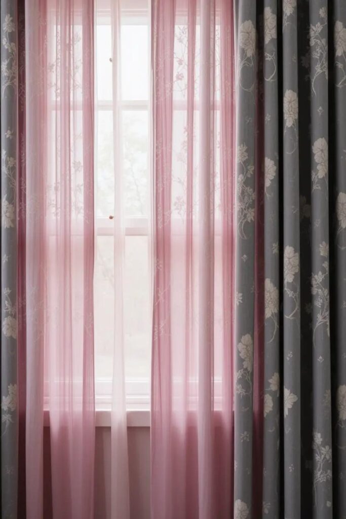 A window with pink and gray layered curtains, adding depth and elegance to the space.
