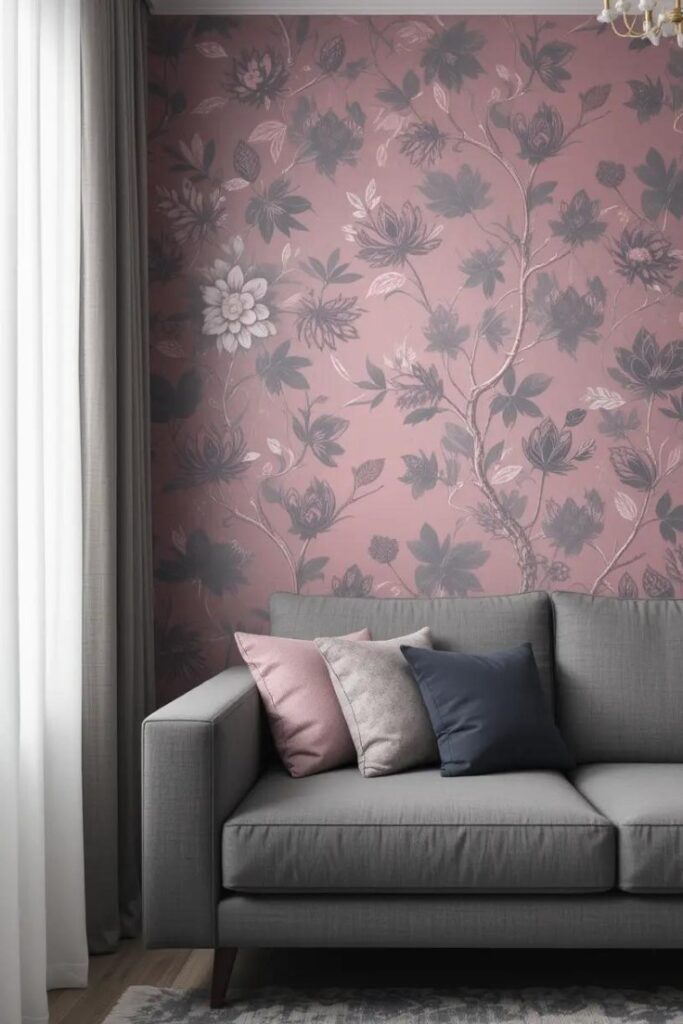 A living room with a pink and gray patterned accent wall, creating a stylish focal point.