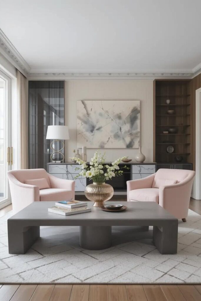 A living room with blush pink chairs and a gray coffee table, styled with elegant decor.
