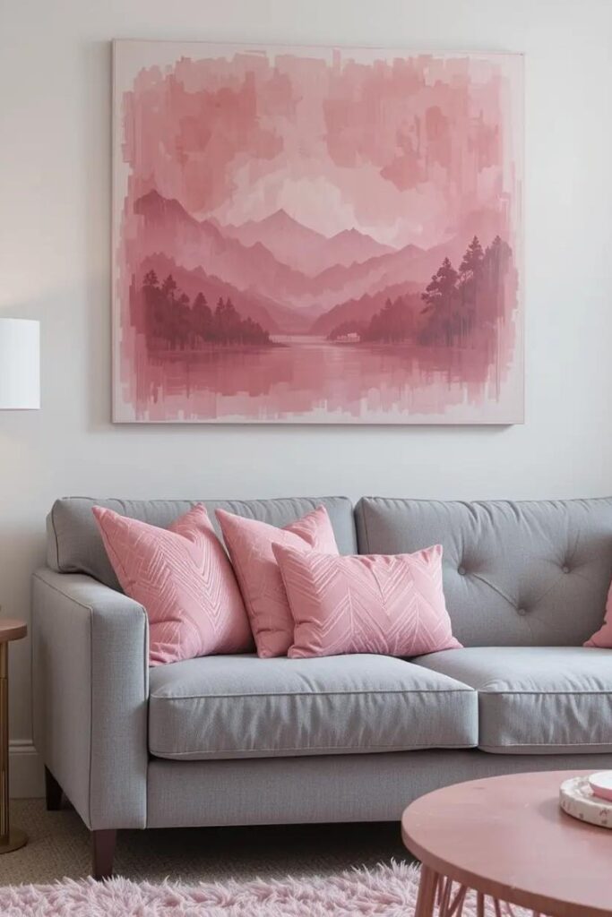 A cozy gray sofa with pink pillows and artwork, adding warmth and personality.